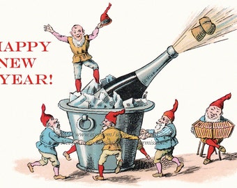 New Year Card - Gnomes Dance and Celebrate with Champagne - Elves Notecard - Vintage Style - Repro Antique Postcard