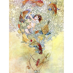 Fairy Card - Water Baby Plays with Fish - AE Jackson Artwork Water Babies Illustration