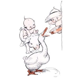 Kewpie Card - Kewpies Feed a Goose and Ride a Pig Farm Yard - Rose O&#39;Neill