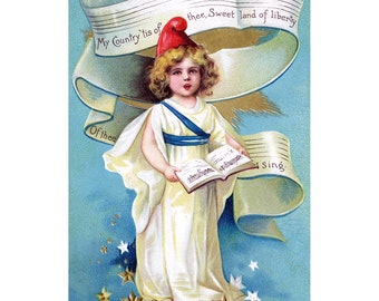Fourth of July Greeting Card Liberty Sings - Repro Ellen Clapsaddle - Vintage Style Patriotic Art Notecard
