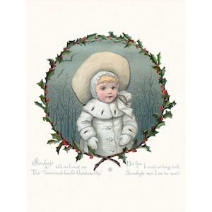 Christmas Card Baby Girl - Child w Holly and Berry Wreath - Holiday Home Decor
