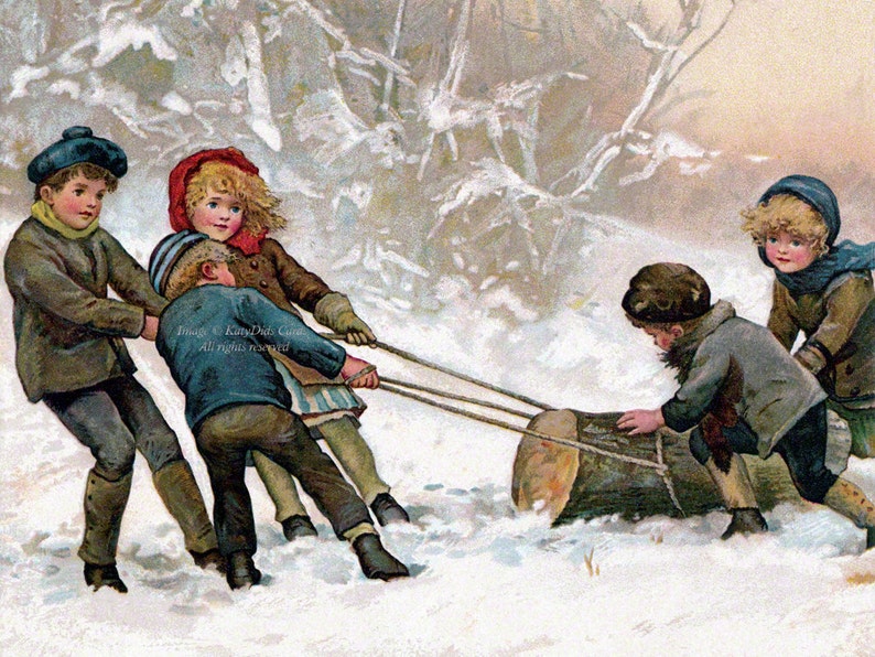 Christmas Card | Kids Drag Yule Log Through Snow | Harriet Bennett Repro Vintage Style image 1
