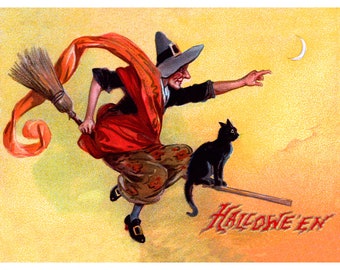 Halloween Card - Witch Flies on Broom with Black Cat - Repro Brundage Vintage Style