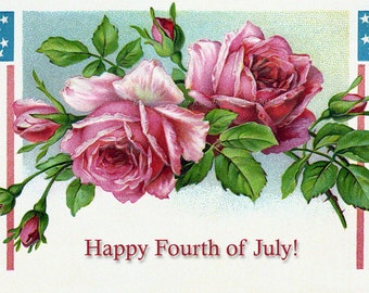 Fourth of July Greeting Card - Patriotic Flag and Pink Roses - 4th of July Notecard