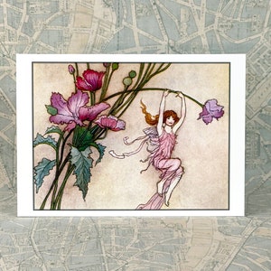 Flower Fairy Card Fairies Play on Pink Flowers Repro Warwick Goble Vintage Style Notecard image 2