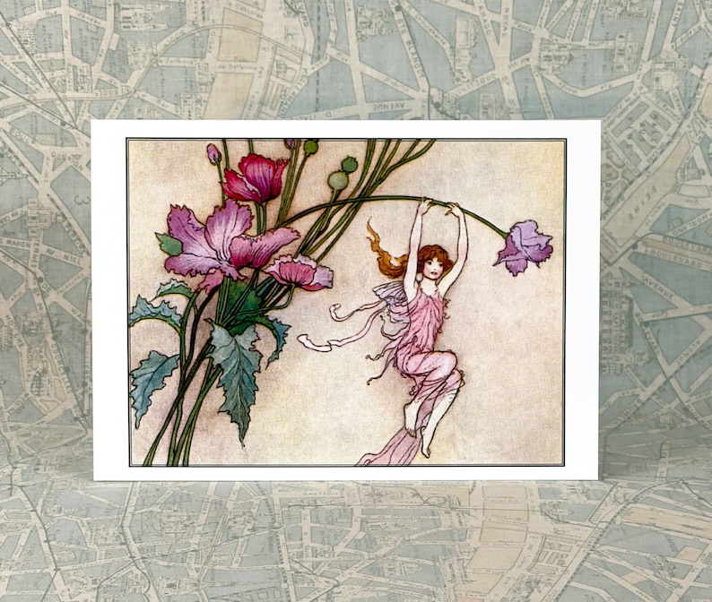 Flower Fairy Card Fairies Play on Pink Flowers Repro Warwick Goble Vintage Style Notecard image 2