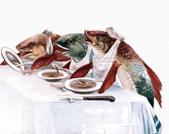 Anthropomorphic Fish Eat Dinner - Repro Vintage Style Victorian Christmas Card