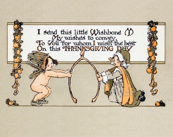 Thanksgiving Card - Pilgrim and Indian Kids Fight Over Turkey Wishbone - Vintage Style Greeting Card