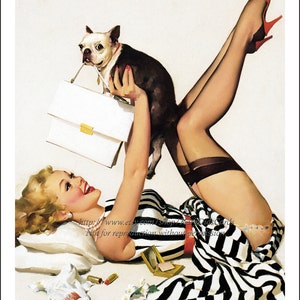 Boston Terrier Print Elvgren Pinup Girl Plays w Dog French Bulldog image 1