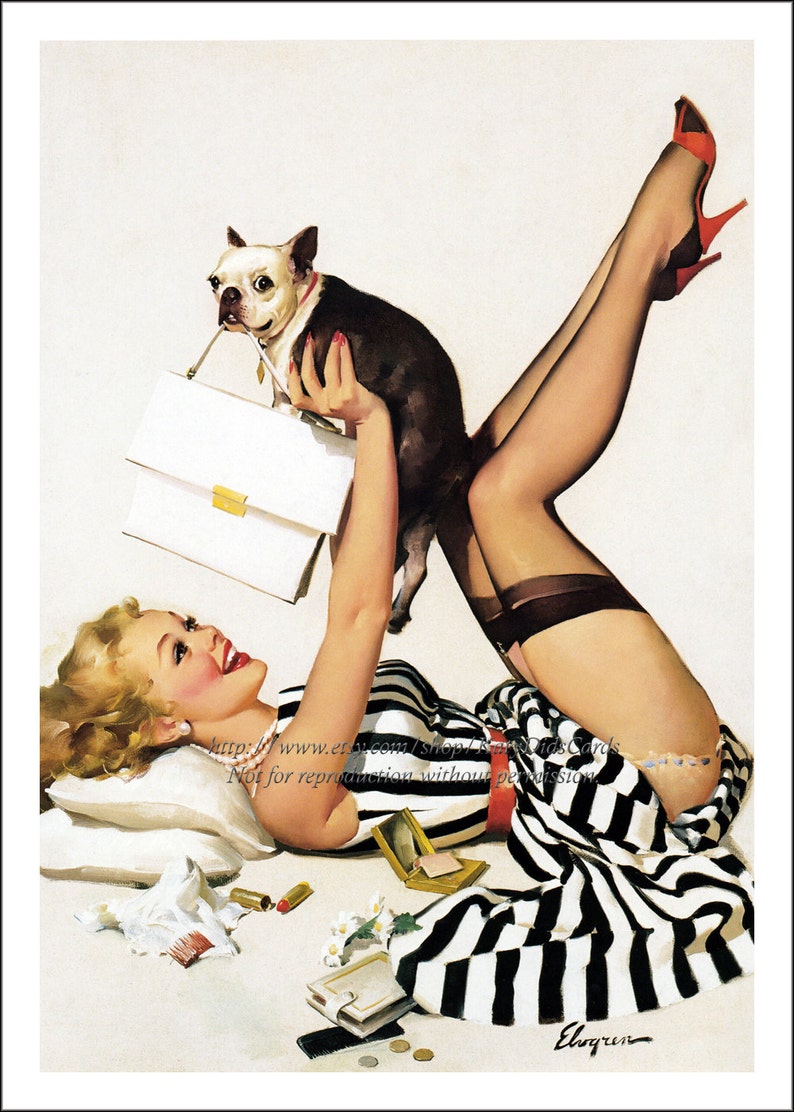 Boston Terrier Print Elvgren Pinup Girl Plays w Dog French Bulldog image 1