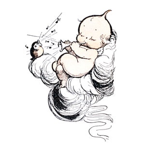 Kewpies Card - Kewpie Plays a Trumpet with a Bird that Sings - Rose O&#39;Neill