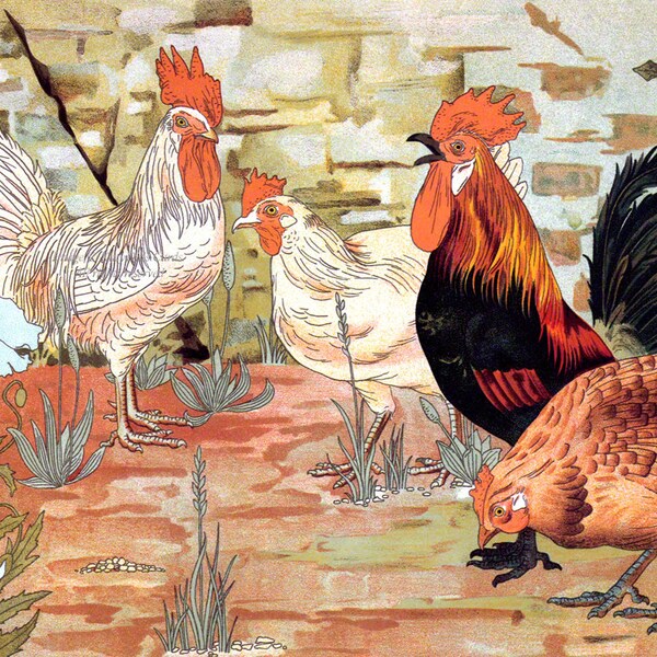 Chicken Greeting Card - Roosters and Hens in the Barnyard - Repro Maurice Verneuil