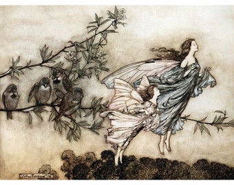 Fairy Card - Fairies Have Tiffs with Birds - Arthur Rackham Artwork