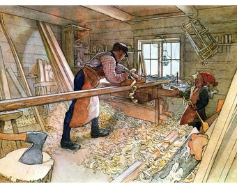 Wordworking Card - Father and Son Carpenter - Carl Larsson Repro - Fathers Day Notecard