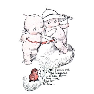 Kewpie Card - Farmer and Carpenter Kewpies Chat - Repro Rose O&#39;Neill
