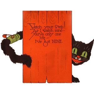 Halloween Card - Black Cat Peeks Out from Behind Fence