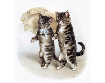 Cat Greeting Card - Cat Lovers Walk Under Umbrella Parasol - Anniversary Valentine