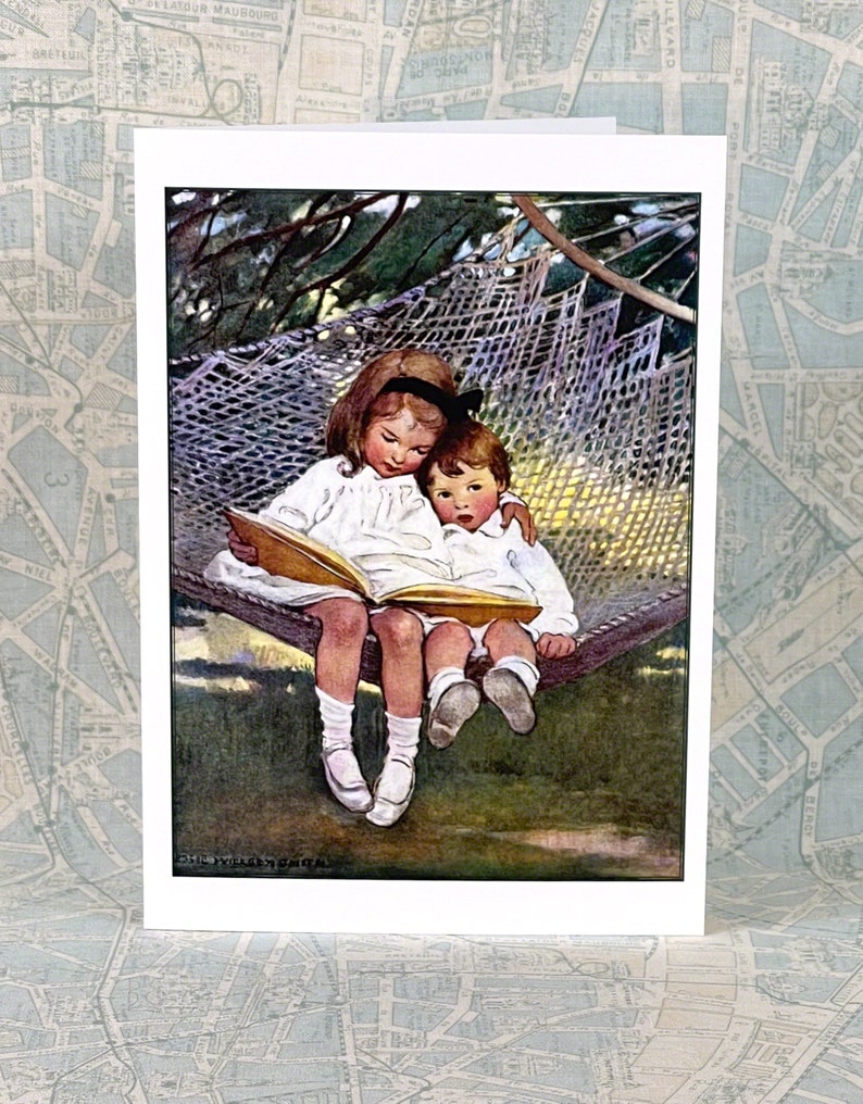 Siblings Read Card Children in a Hammock Reading Notecard Repro Jessie Willcox Smith image 2