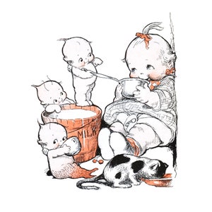 Kewpies Card - MewKewps and Kewpie Feed a Baby and Cat Milk - Repro Rose O&#39;Neill - Vintage Image Notecard