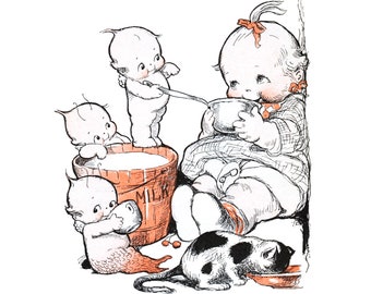 Kewpies Card - MewKewps and Kewpie Feed a Baby and Cat Milk - Repro Rose O'Neill - Vintage Image Notecard