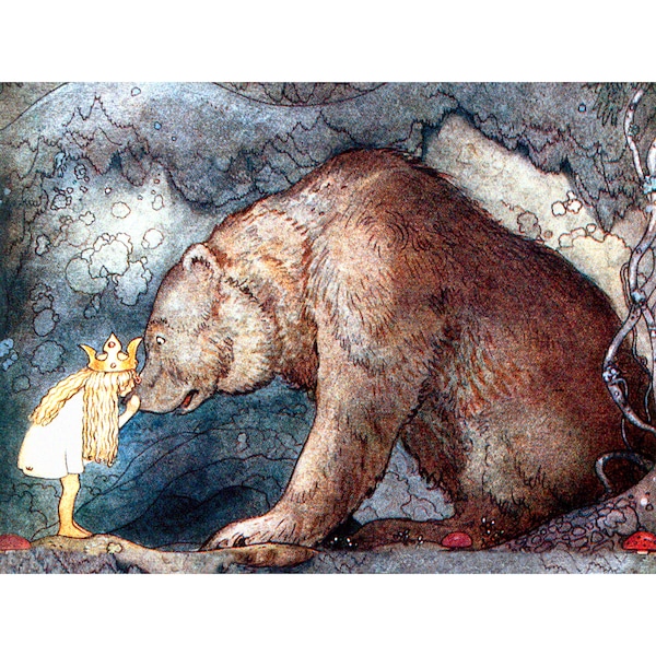 Princess Kisses a Bear Print - Fairy Tale Print - Girl and Mama Bear - Repro John Bauer