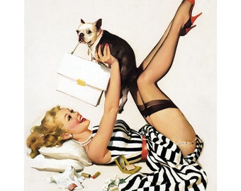 Boston Terrier Card - Elvgren Pinup Girl Plays w Dog - French Bulldog Greeting Cards