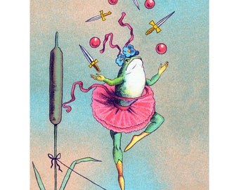 Frog Print - Juggling Acrobat in Tutu on High Wire - Animal Wall Art - Circus Performer