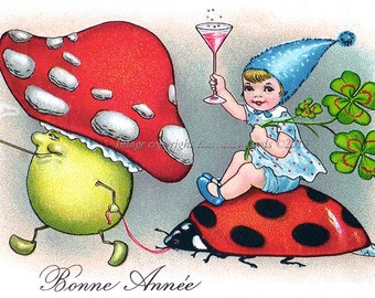 New Year Card - Fairy Rides Ladybug with Mushroom Man and Clovers