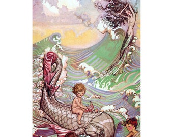 Mermaid Card - Water Babies and Mermaids Old Fashioned Dolphin Ethel Everett Artwork