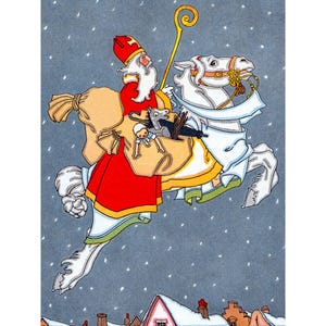 Santa Christmas Card - Saint Nicholas Rides a Horse with Gifts - Holiday Decor