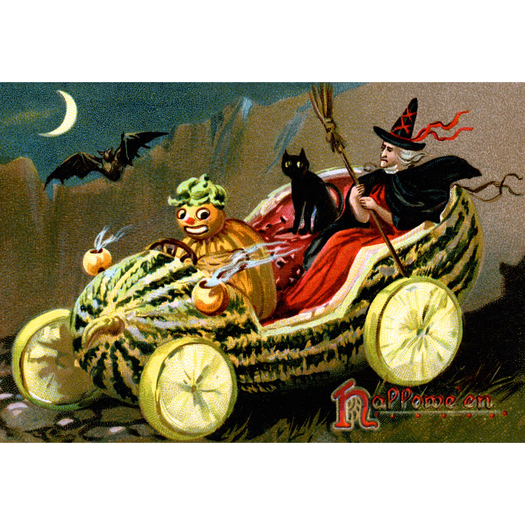 Halloween Card - Vegetable Man Drives Melon Car With Witch