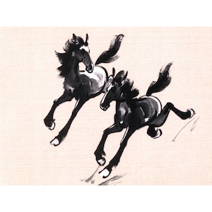 Horse Card - A Pair of Horses Run - Repro Watercolor Artwork Xu Beihong