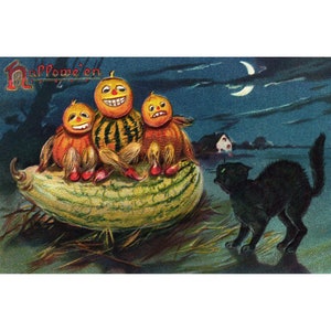 Halloween Card - Vegetable Men Black Cat Goblins - Holiday Artwork