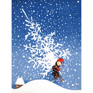 Christmas Card - Boy with Snowy Fir Tree Notecard - Scandinavian Boy in Snow - Einar Nerman