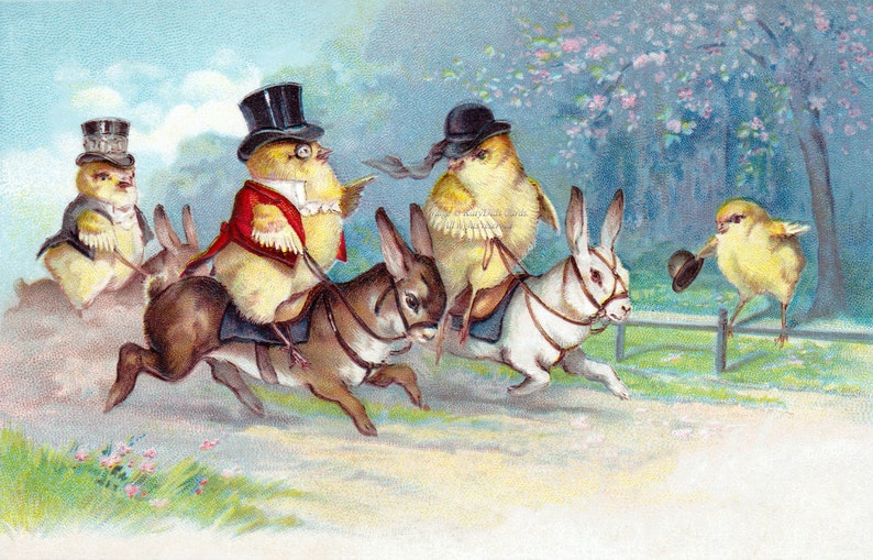 Easter Card Chicks Ride Bunnies as Horses Hunt Scene Sidesaddle Rider Without the Caption