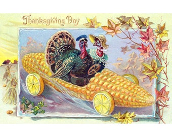 Funny Thanksgiving Card - Turkey Drives a Corn Cob Car - Vintage Style Greeting Card with Sticker Option