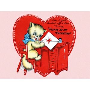 Valentines Day Card - Kitten Writes a Letter Notecard - Cat Valentine Vintage Retro Style
