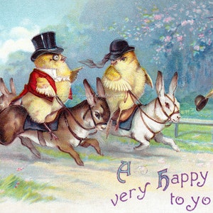 Easter Card Chicks Ride Bunnies as Horses Hunt Scene Sidesaddle Rider With the Caption