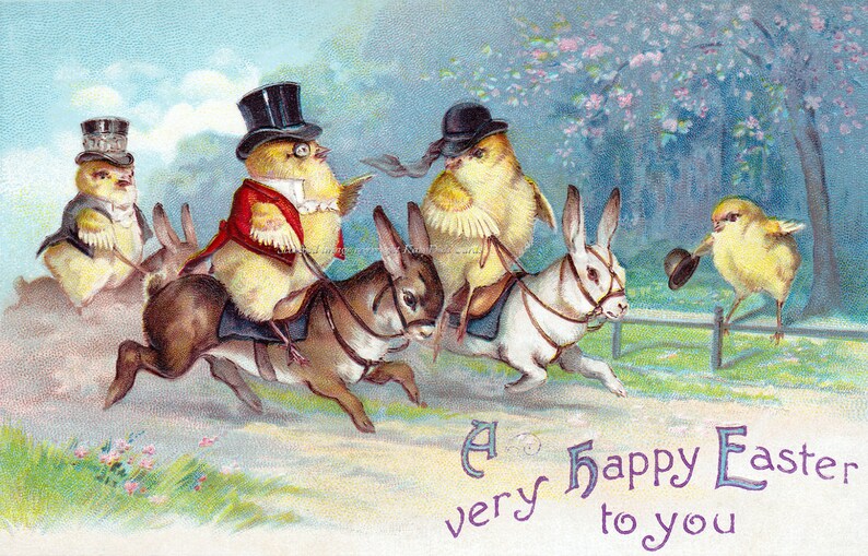 Easter Card Chicks Ride Bunnies as Horses Hunt Scene Sidesaddle Rider With the Caption