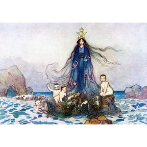 Japanese Goddess of Sea and Song Print w Sea Serpents Benten Warwick Goble