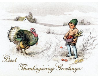 Thanksgiving Card - Little Boy Meets a Turkey in the Snow - Repro Greeting Card