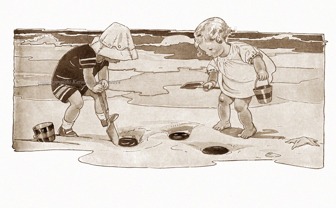 Kids Dig in Sand at the Beach Greeting Card Repro Ruth Mary | Etsy