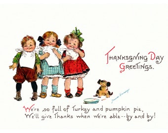 Thanksgiving Card - Kids Full of Turkey and Pie - Repro Greeting Card