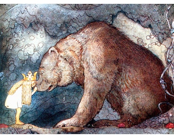 Princess Kisses a Bear - Fairy Tale Notecard - Fantasy Greeting Card - Repro John Bauer