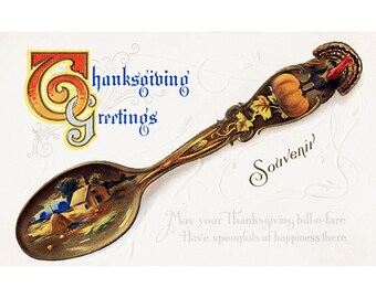 Thanksgiving Card - Souvenir Spoon Shaped Like Turkey - Vintage Style Notecard