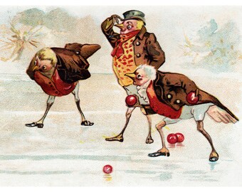 Victorian Birds Card - Anthropomorphic Robins Bowl with Berries on Frozen Pond - Repro Vintage Style