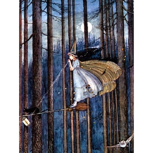 Halloween Card - Witch Rides Broomstick with Black Cat and Owl Flies - Ida Rentoul Outhwaite Art