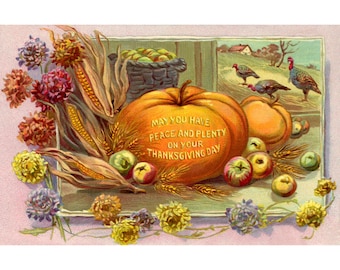 Thanksgiving Card - Peace and Plenty Turkey and Pumpkin - Repro Greeting Card with Sticker Option