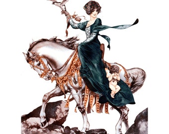 Woman Falconer on Horse Catches Cupid Greeting Card - La Vie Parisienne - Repro Cheri Herouard