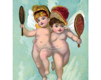 Fairy Card - Fae Cherubs in Hats - Fantasy Wall Art Gift